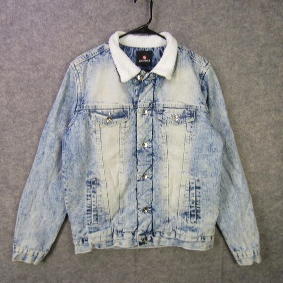 Southpole Jacket Mens Large Blue Sherpa Lined Acid Wash Denim Fleece Collar Coat - Picture 1 of 7